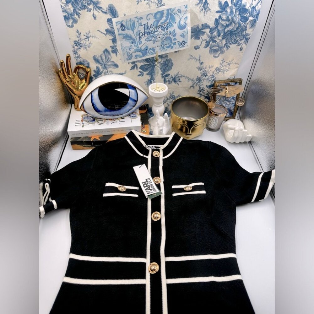 🆕KARL LAGERFELD🧿 NWT Classic Knit Dress with Embroidered Monogram, Black, Sz S - Picture 2 of 16